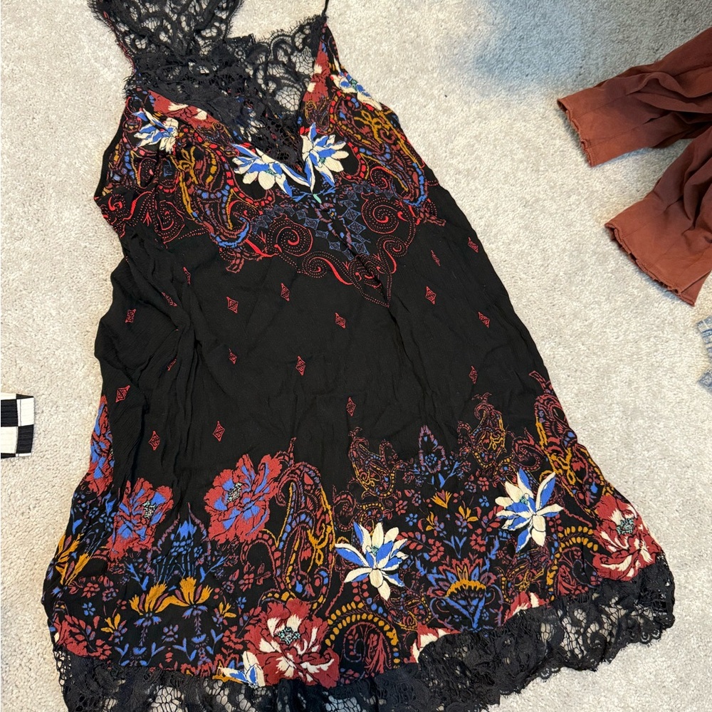 Free People Black Lace Dress with Multicolor Floral Accents